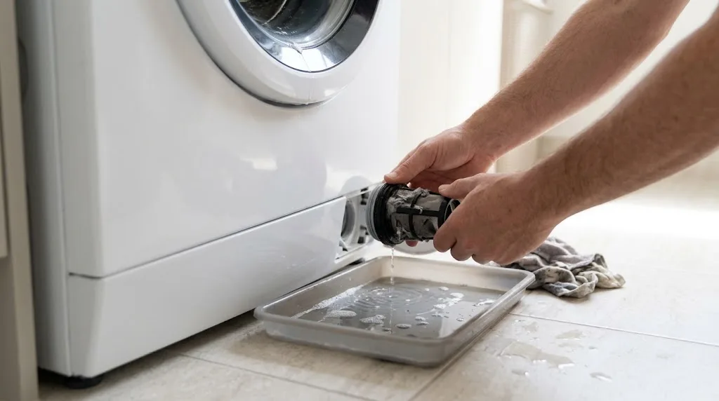 Hands removing and cleaning the drain pump filter on a front-loader washing machine, with a tray catching water