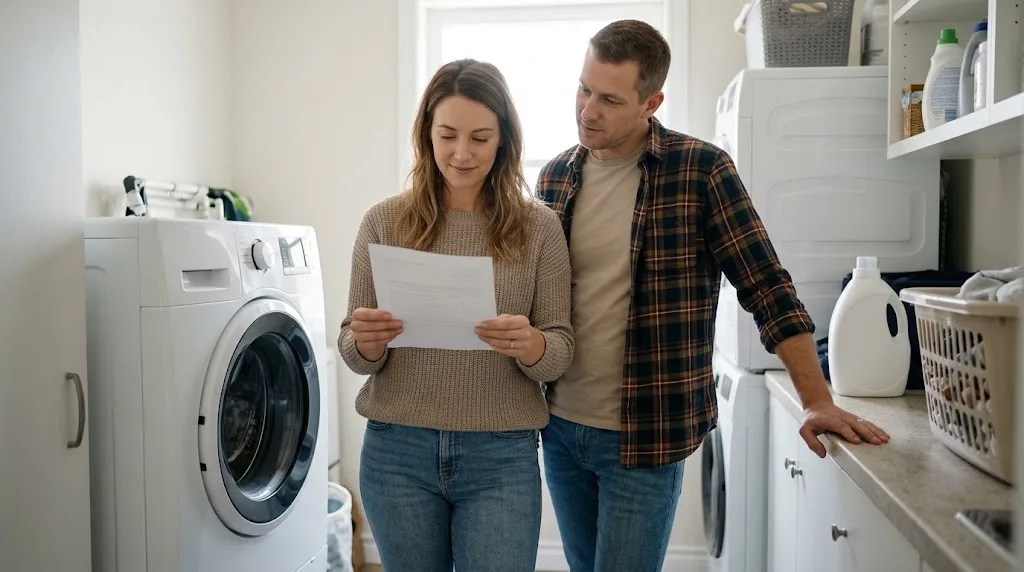 Couple reading a washing machine repair quote in their laundry