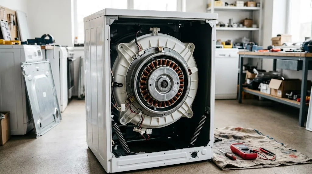 Back panel removed from a front loader showing the direct drive motor
