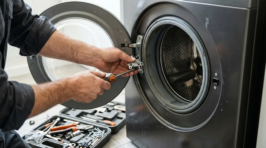 Technician fitting a new door lock to a front-loader washing machine