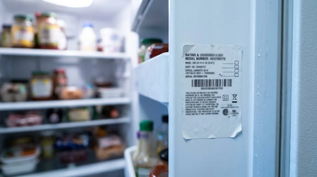 Model and rating sticker on the inside wall of a fridge door
