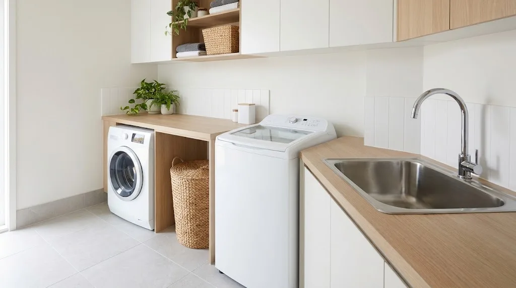 White front-loader and top-loader washing machines in a modern Australian laundry