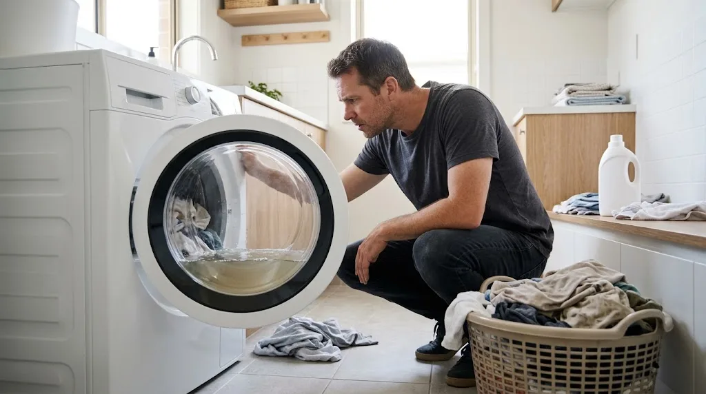 Man looking at water left in the drum of a front-loader washing machine