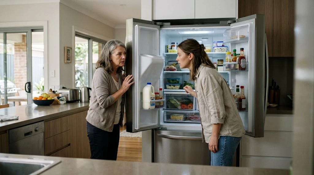 Mother and daughter checking an open French door fridge that has stopped cooling