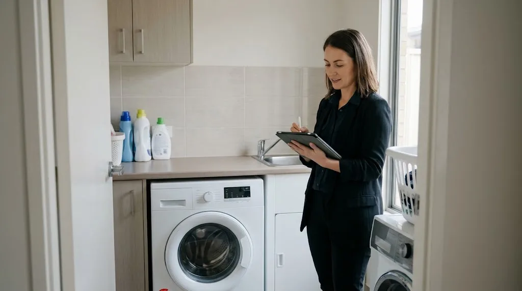 Property manager with a tablet checking a washing machine in a rental apartment laundry