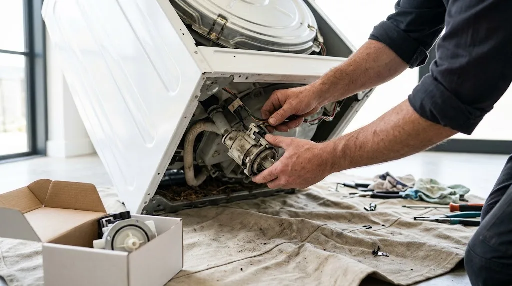 Technician replacing the drain pump on a front-loader tilted on its side