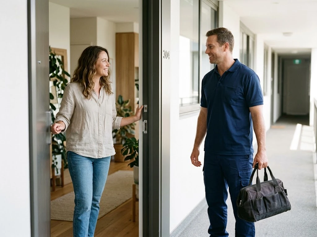 Woman welcoming a Quality Appliance Repairs technician to her Sydney apartment for a home repair visit
