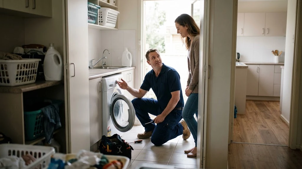 Technician repairing a washing machine in a rental laundry while explaining the fault to the tenant