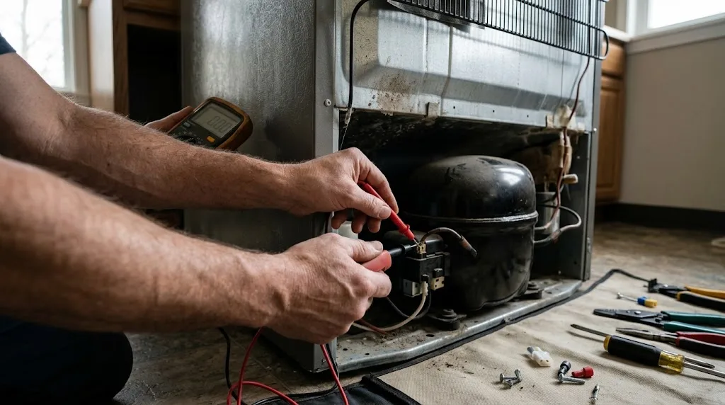 Technician testing a fridge compressor start relay with a multimeter