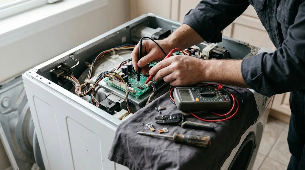 Hands using a multimeter to test the control board of a front-loader washing machine