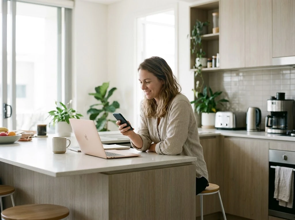 Woman booking a washing machine repair on her phone at the kitchen bench