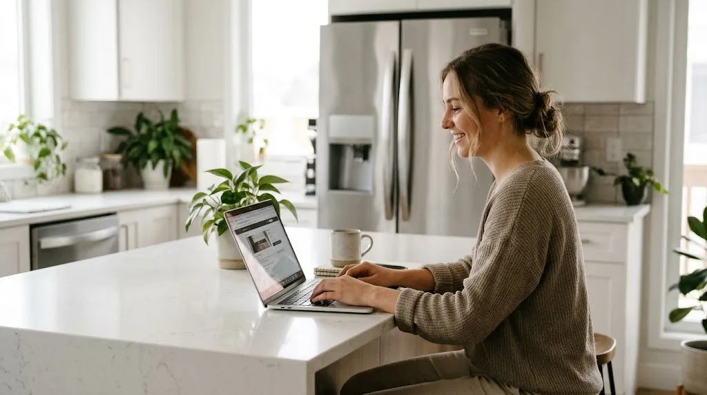 Woman booking an appliance repair on a laptop at her kitchen island