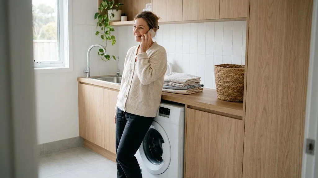 Woman on the phone booking a repair next to a front-loader washing machine