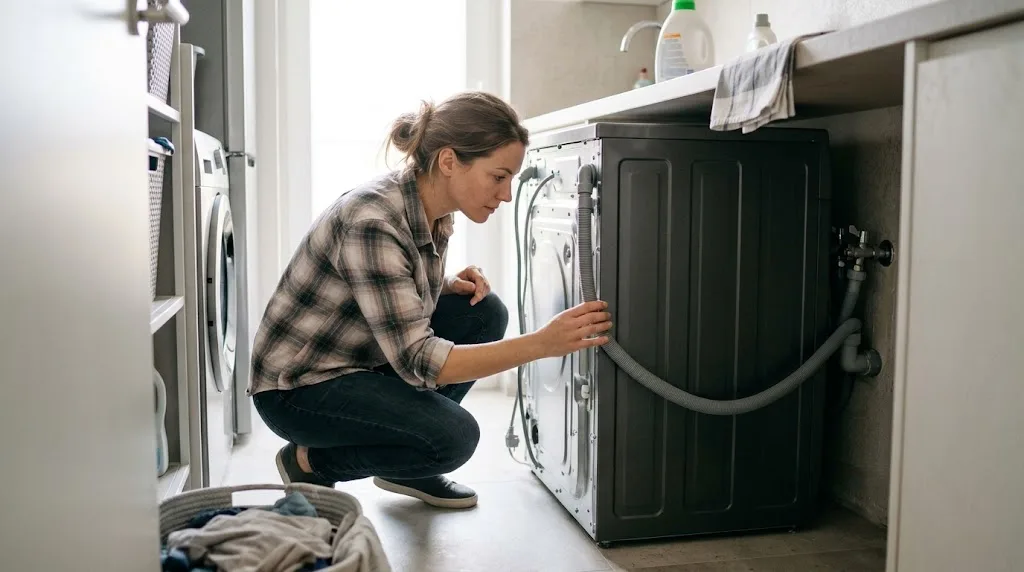 Woman checking the drain hose behind a front-loader washing machine