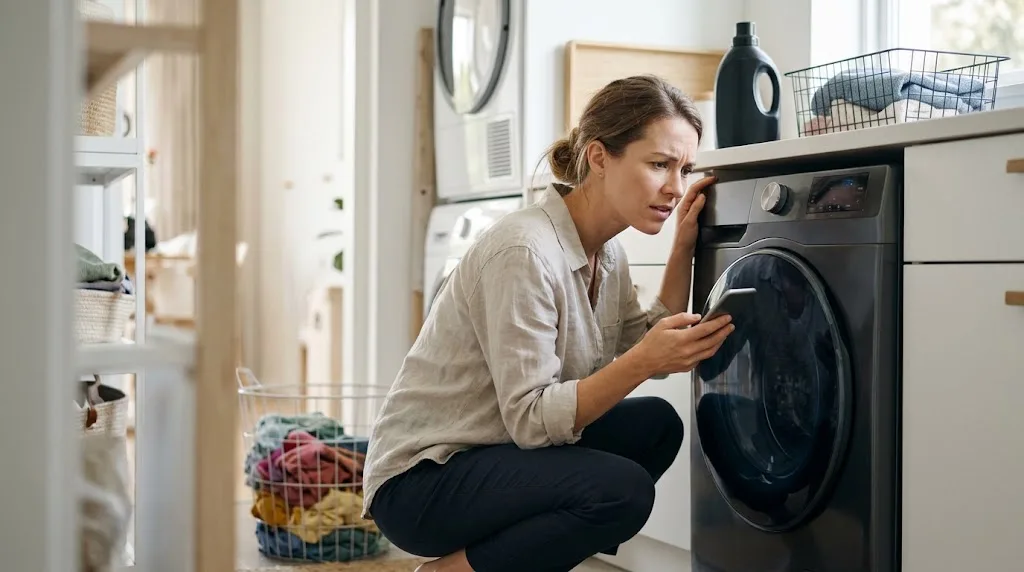 Woman checking the display of a graphite front-loader washing machine