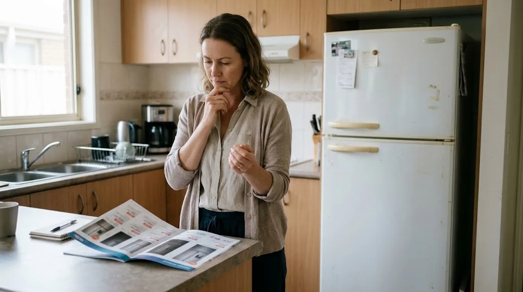 Woman deciding whether to repair or replace her old fridge