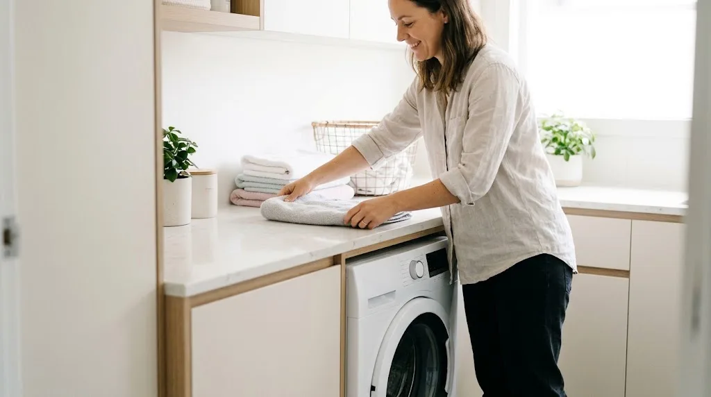 Woman folding towels above a built-in front-loader washing machine