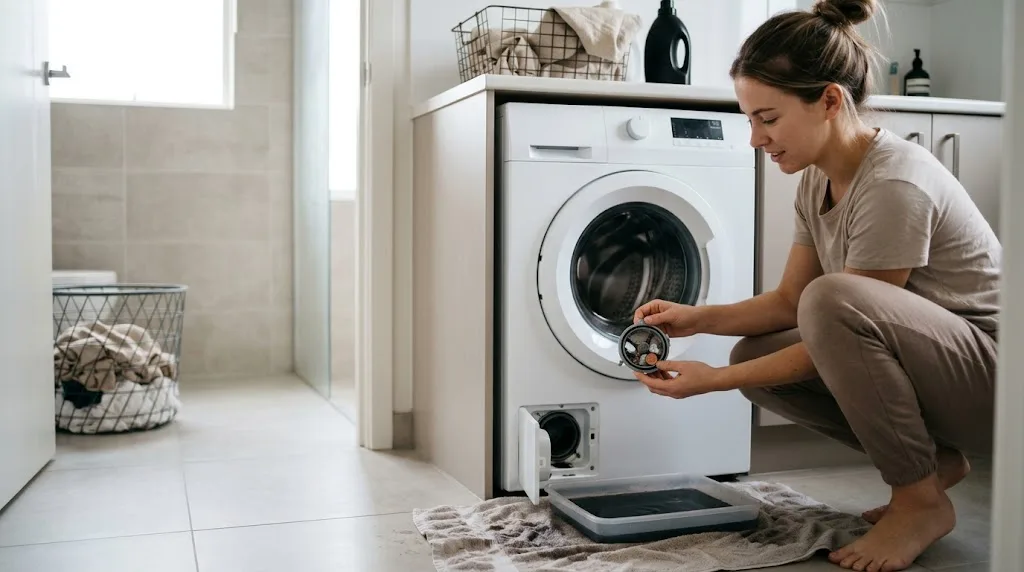 Woman holding a washing machine pump filter with lint and a coin on it