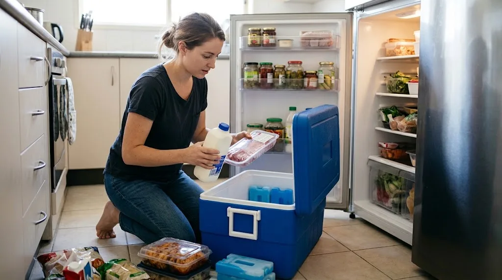 Woman packing food from the fridge into an esky with ice bricks