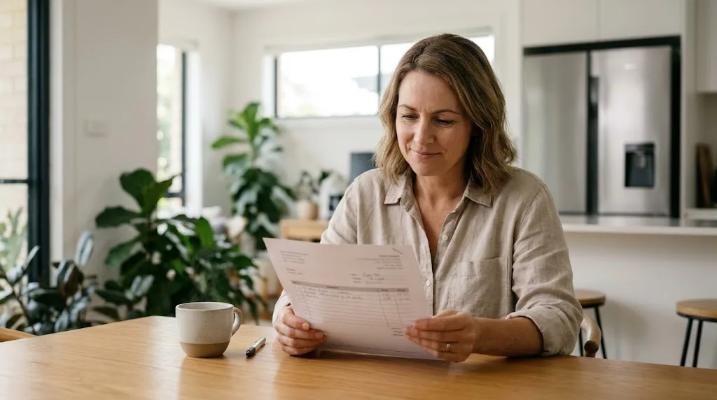 Woman at a kitchen table reading a printed appliance repair quote