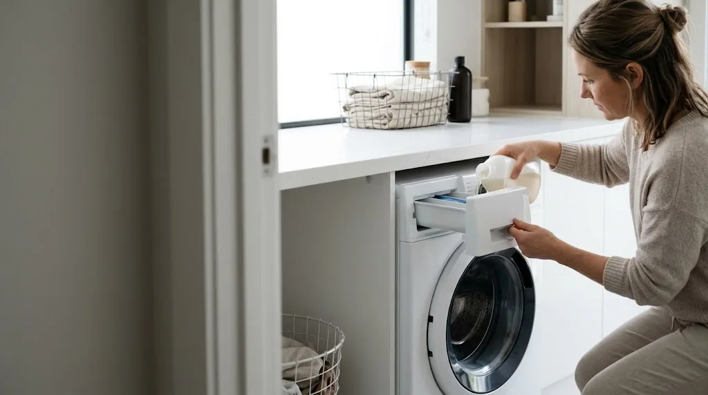 Woman refilling the detergent drawer of a built-in front-loader washing machine