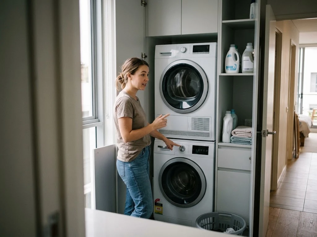Woman pointing at a stacked front loader washing machine in a small Sydney apartment laundry