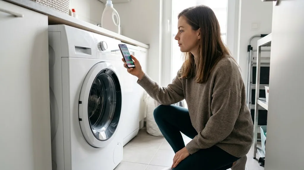 Woman checking a washing machine diagnostics app on her phone