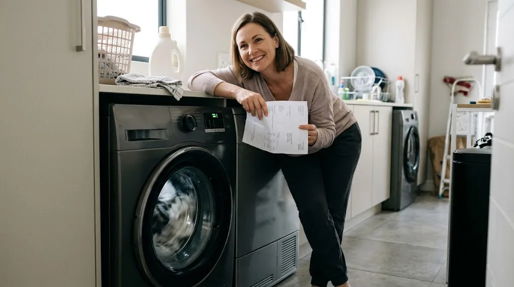 Smiling woman holding a repair invoice beside her working washing machine